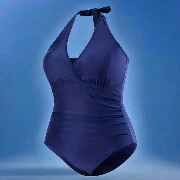 🆕 1XL Plus Size Curvy Halter One Piece Swimsuit Navy Blue Moderate Stretch - Picture 9 of 13